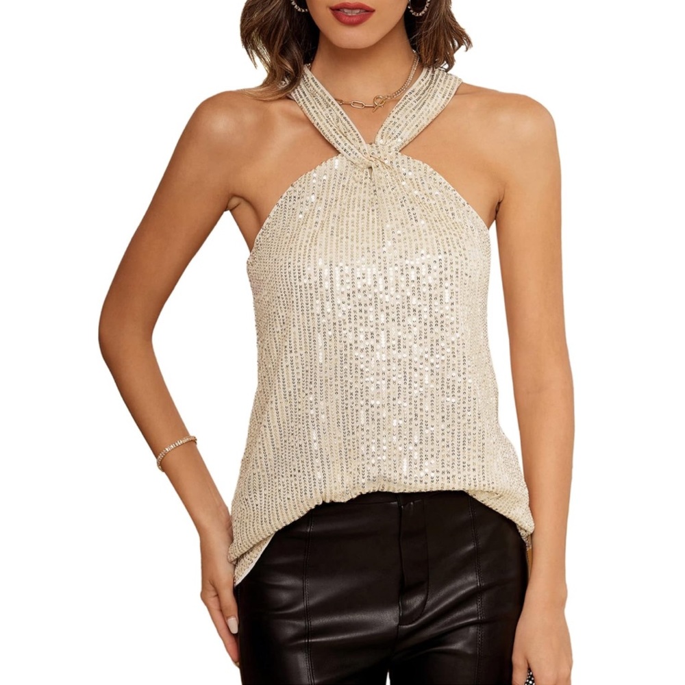 NWT| Grace Karin Knot Halter Sequin Tank Top - Picture 2 of 9